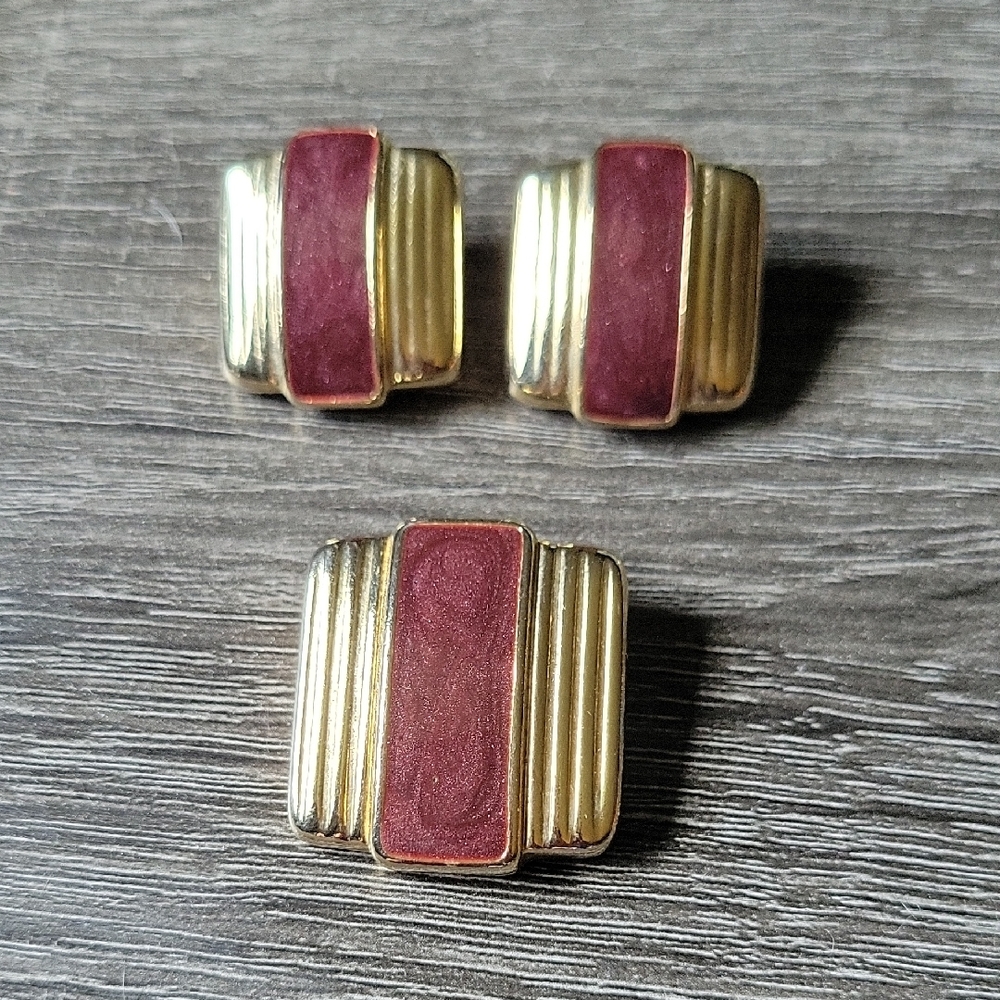 Weekenders 1980s Butterfly Signed Gold Tone and Red Pendant and Earrings Set